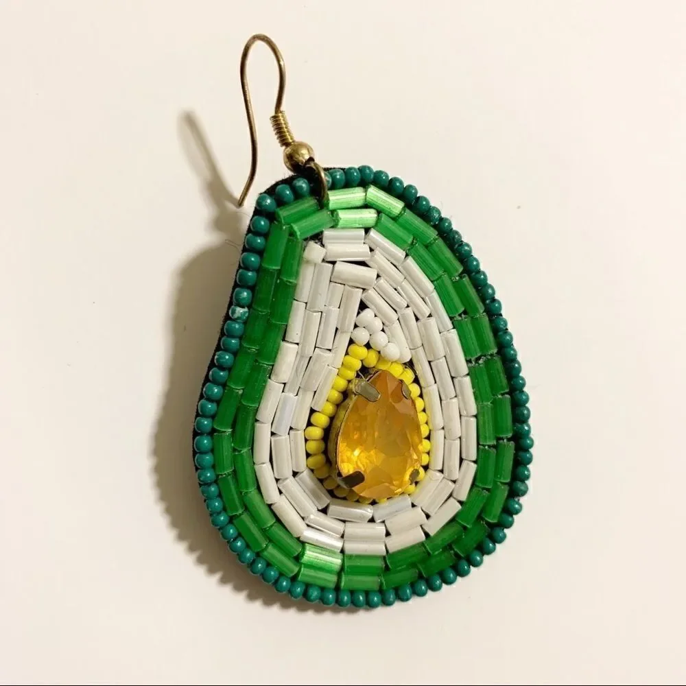 Bohemian Beaded Avocado Drop Earrings, White/Green